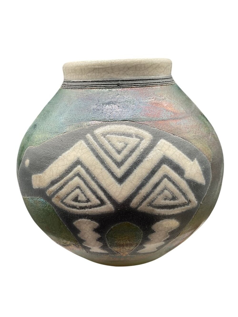Ben Diller Raku Bear Vase With Native American Design 5.5"H x 5"W Handmade